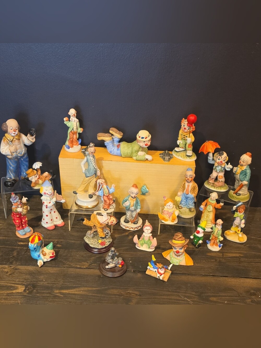 Vintage Ceramic Porcelain Clown Figurine Lot 24pc Whimsical Circus Sad Hibo